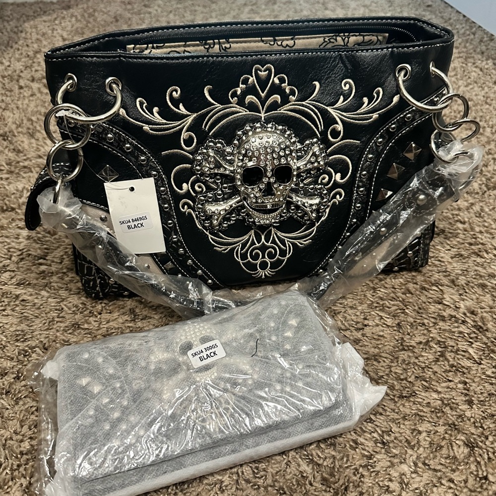Black Rhinestone Skull Gothic Purse & Matching Wallet Set